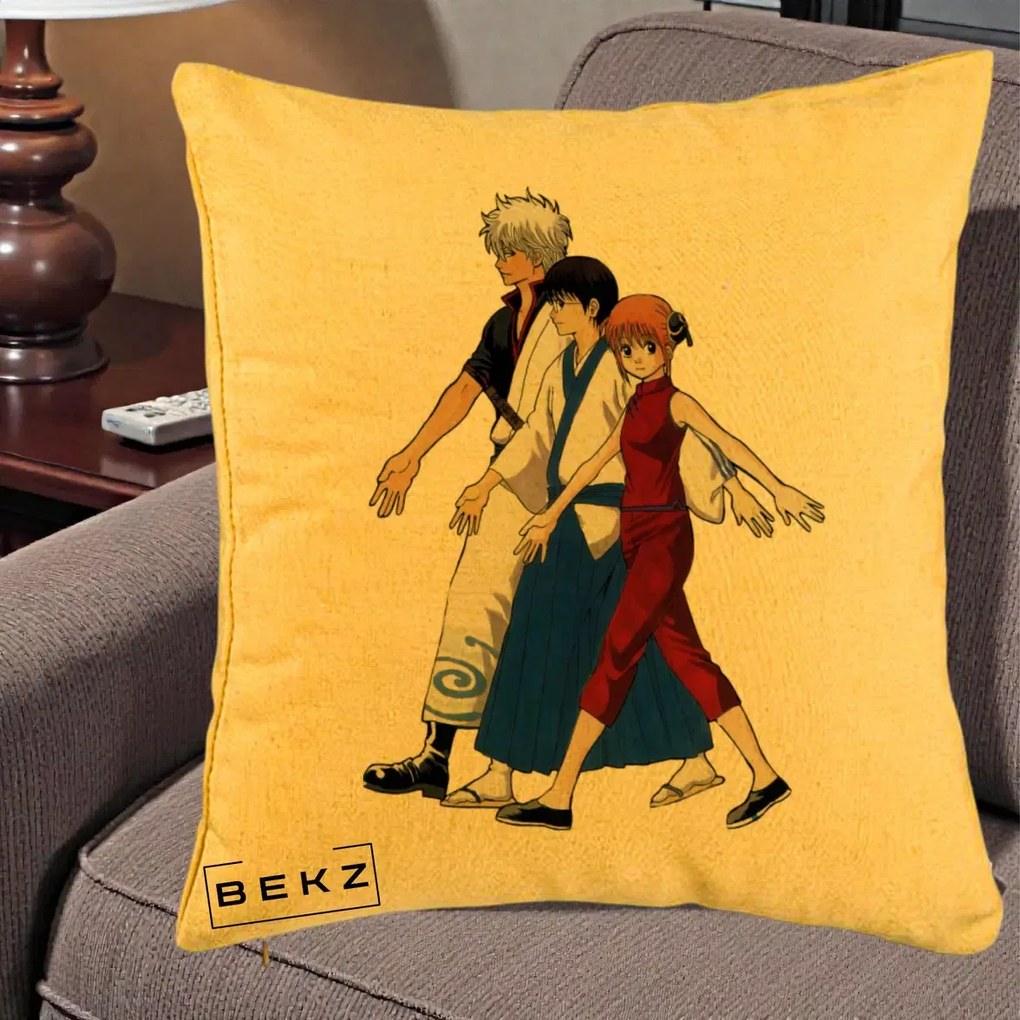 Perna Personalizata Gintama Trio Gintoki Shinpachi Kagura, 40x40 cm, Galben, Husa Detasabila, Perna Inclusa, BEKZ®