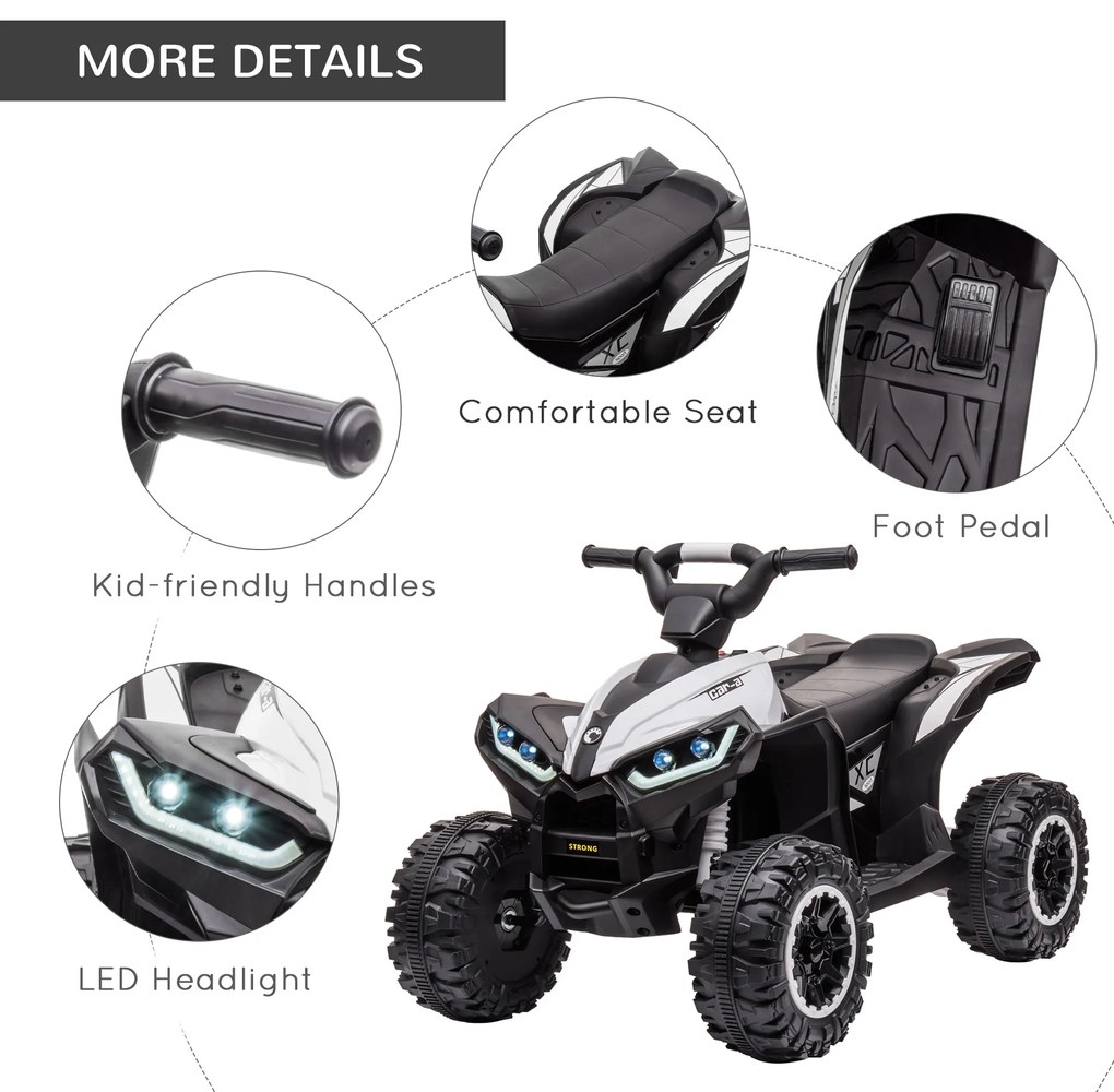 HOMCOM ATV Electric pentru Copii, Motocicletă pentru Copii cu Motor Dublu, 2 Viteze, Roți Late și Faruri LED, 83x53x55.5 cm, Alb | Aosom Romania