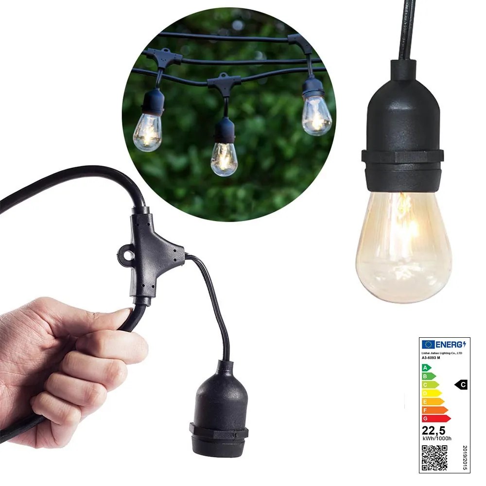 Ghirlanda luminoasa decorativa impermeabila, cu 15 becuri LED soclu E27, 14,6 m, alb cald