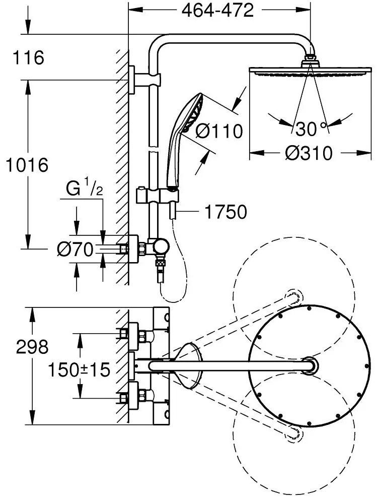 Coloana dus cu baterie si termostat Grohe Euphoria 310, antracit (hard graphite)