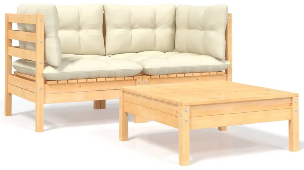 vidaXL Set mobilier grădină cu perne crem, 3 piese, lemn masiv de pin