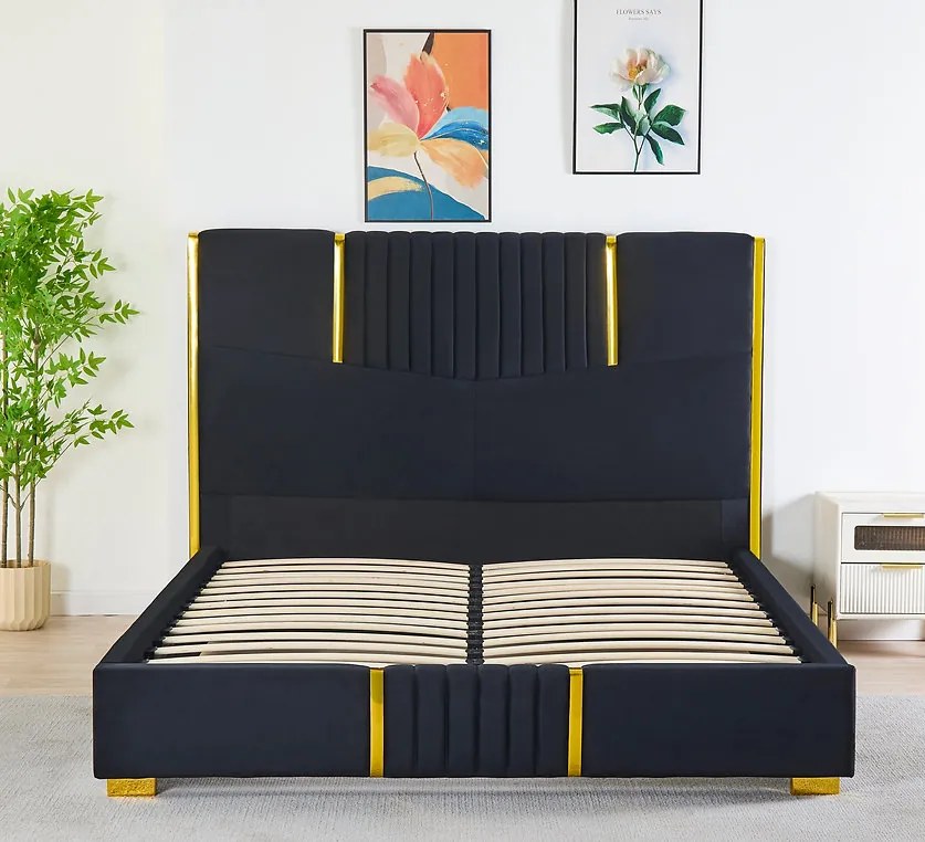 Pat Tapitat din Catifea Negru cu Somiera si Saltea ,   160x200 cm, Cod LB-215