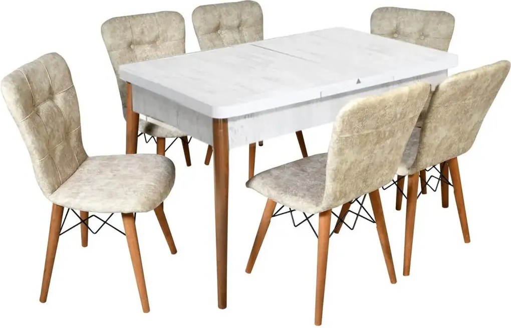 Set masa extensibila cu 4 scaune tapitate Homs cristal alb-bej 110 x 70 cm