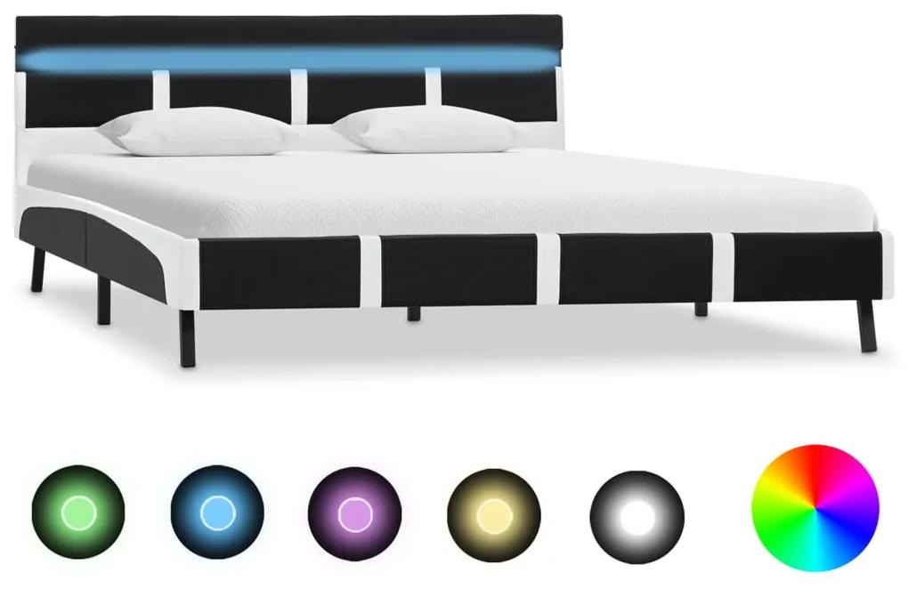 Cadru de pat cu LED, negru, 140 x 200 cm, piele ecologica Alb si negru, 140 x 200 cm