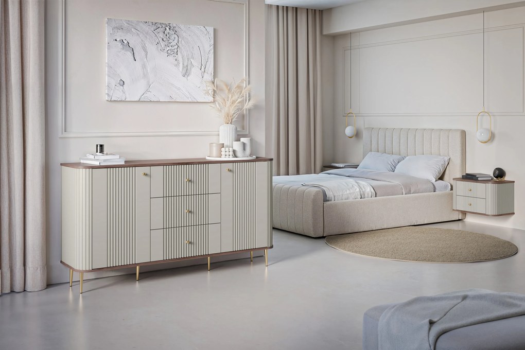 Comodă cu sertare Vesper 160 cm - cașmir / nuc / picioare aurii