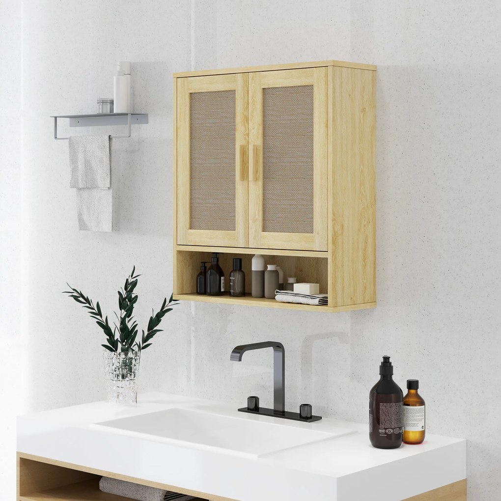 HOMCOM Mobilier de baie de perete dulap wc suspendat cu uși duble și raft deschis 59 x 20 x 66,5 cm efect lemn de stejar | Aosom Romania