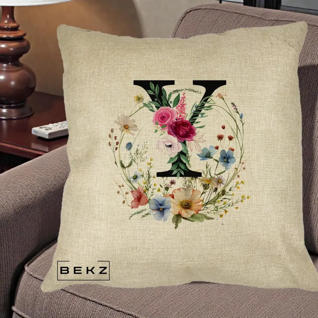 Cadou Personalizat - Perna Personalizata Monograma Florala Litera Y cu Coroana, 40x40 cm, Crem, Husa Detasabila, Perna Inclusa, BEKZ®