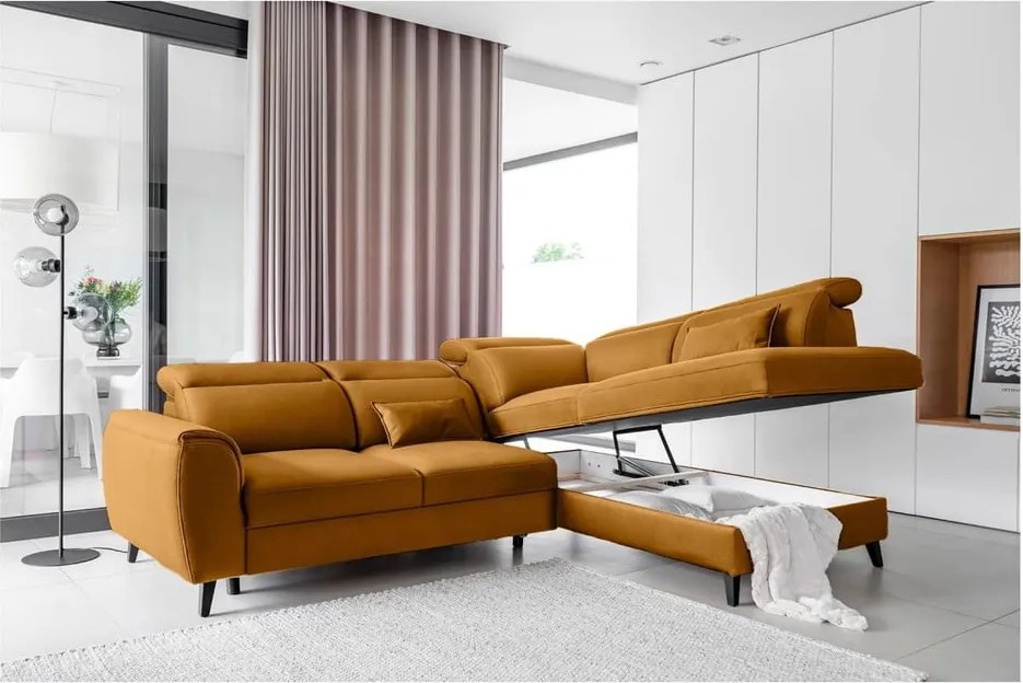 Colțar galben extensibil/cu spațiu de depozitare cu tapițerie din catifea (cu colț pe partea dreaptă/în formă de ”L”) Noble – ELTAP