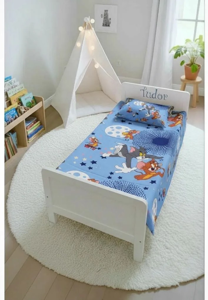 Lenjerie bumbac ranforce pat 3 piese copii 2-12 ani Tom&amp;Jerry Blue pentru saltele 160x80 cm ASC6427968007157