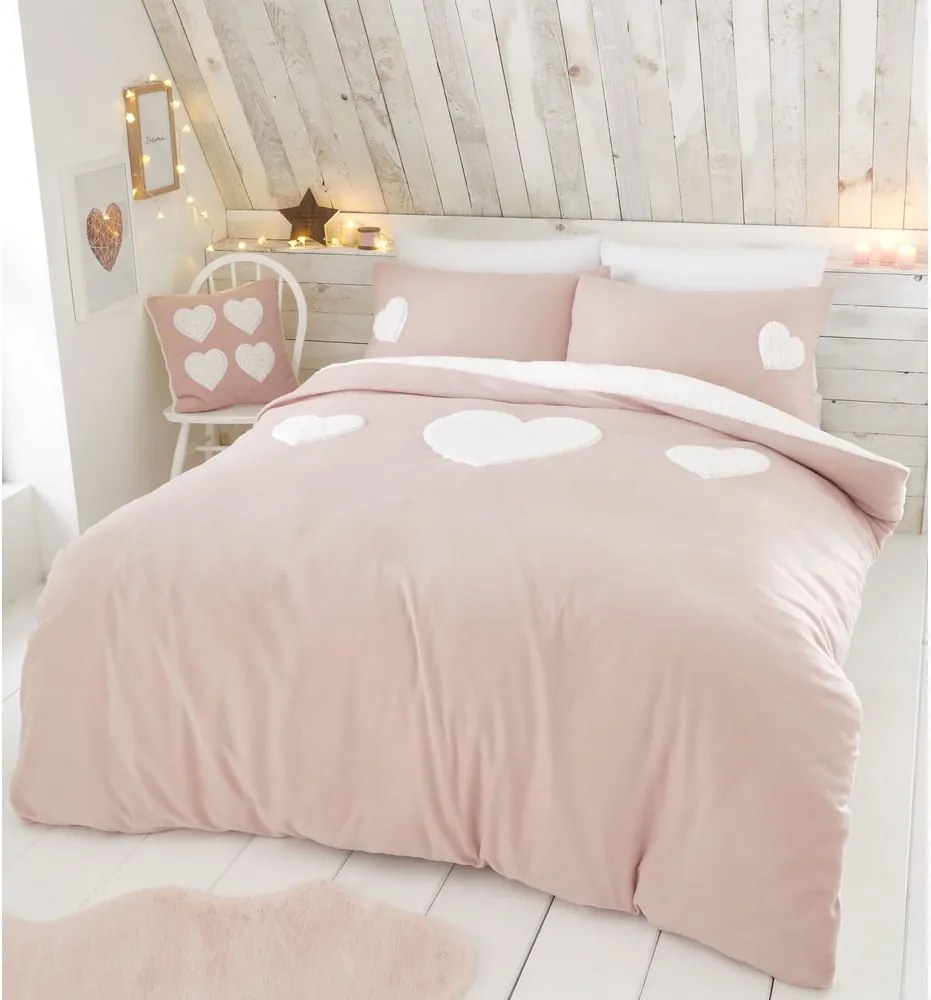Lenjerie de pat din fleece Catherine Lansfield, 135 x 200 cm, roz, motive inimă