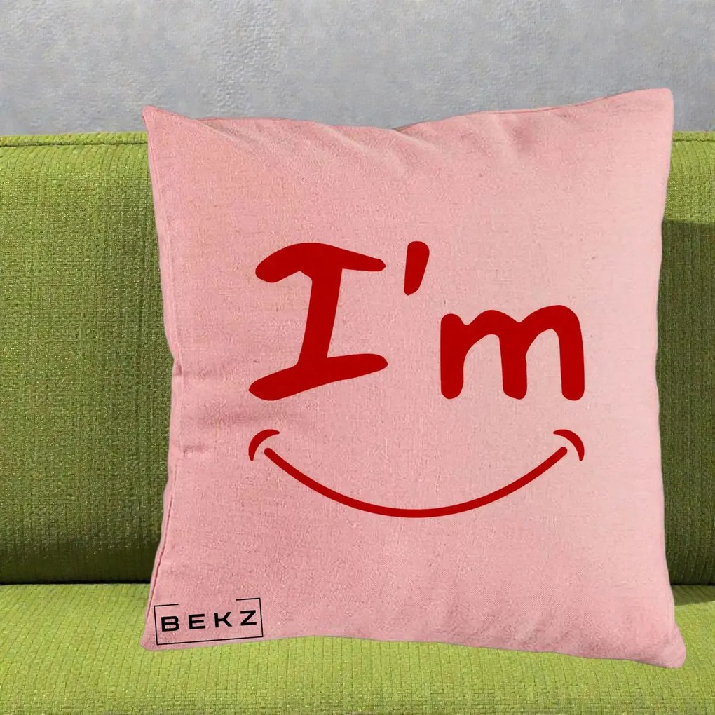 Perna Decorativa I'm Happy Smile, 40x40 cm, Roz, Husa Detasabila, Perna Inclusa, BEKZ®