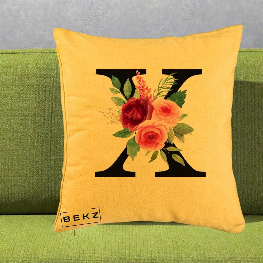 Cadou Personalizat - Perna Personalizata Monograma Florala Litera X cu Buchet, 40x40 cm, Galben, Husa Detasabila, Perna Inclusa, BEKZ®