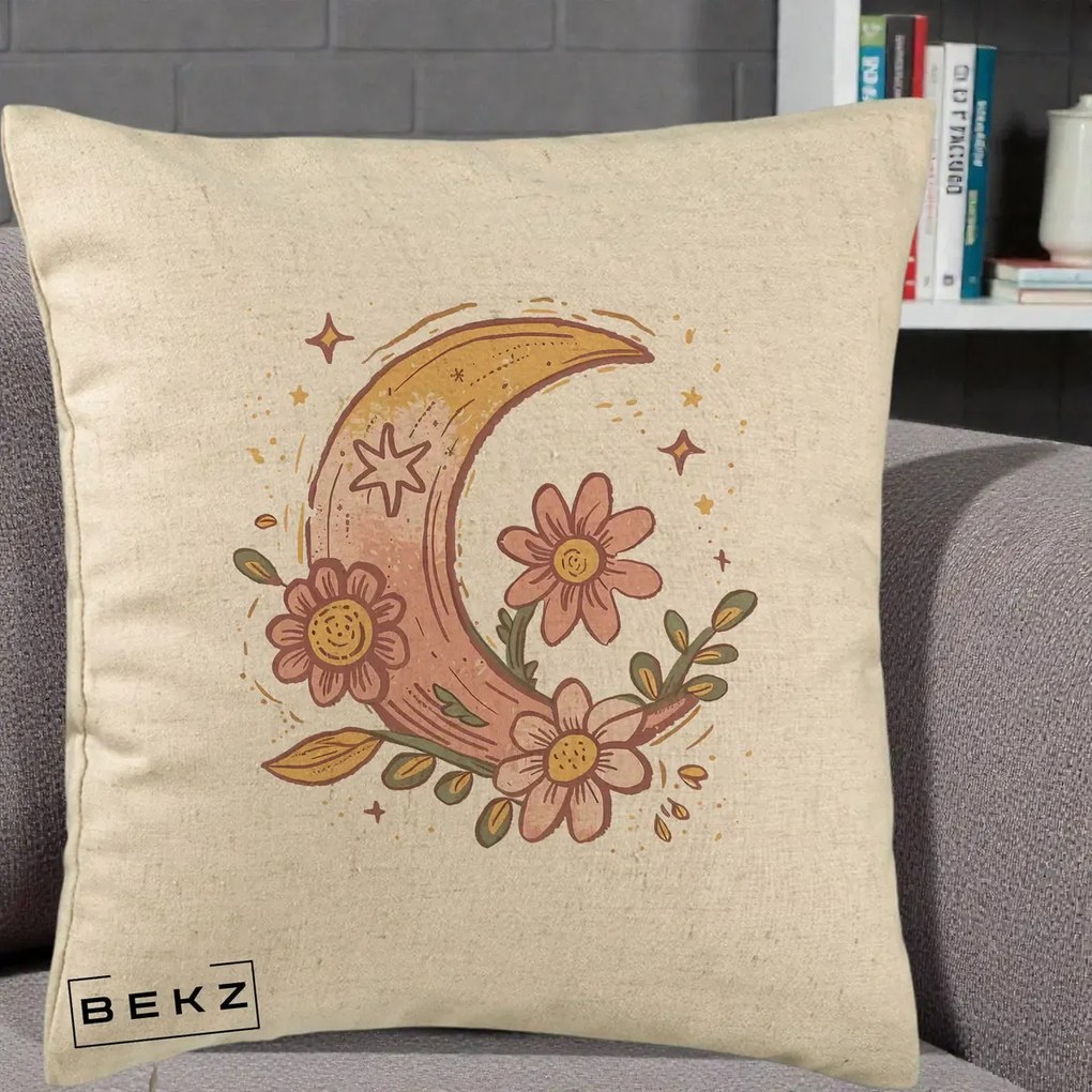 Perna Decorativa Luna Florala Boho, 40x40 cm, Bej, Husa Detasabila, Perna Inclusa, BEKZ®