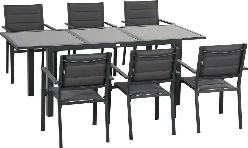 Outsunny Set de 7 Piese de Grădină din Aluminiu cu Masă Extensibilă și 6 Scaune cu Șezut din Plasă Respirabilă, 210x90x75 cm, Gri | Aosom Romania