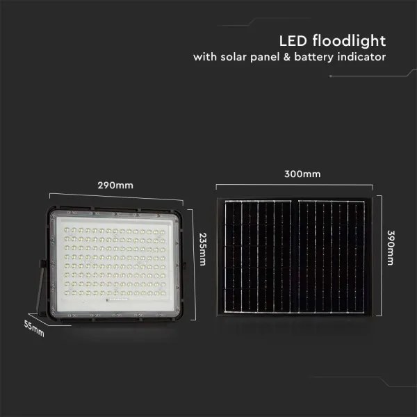 Proiector LED solar de exterior LED/20W/3,2V 6400K negru + telecomandă
