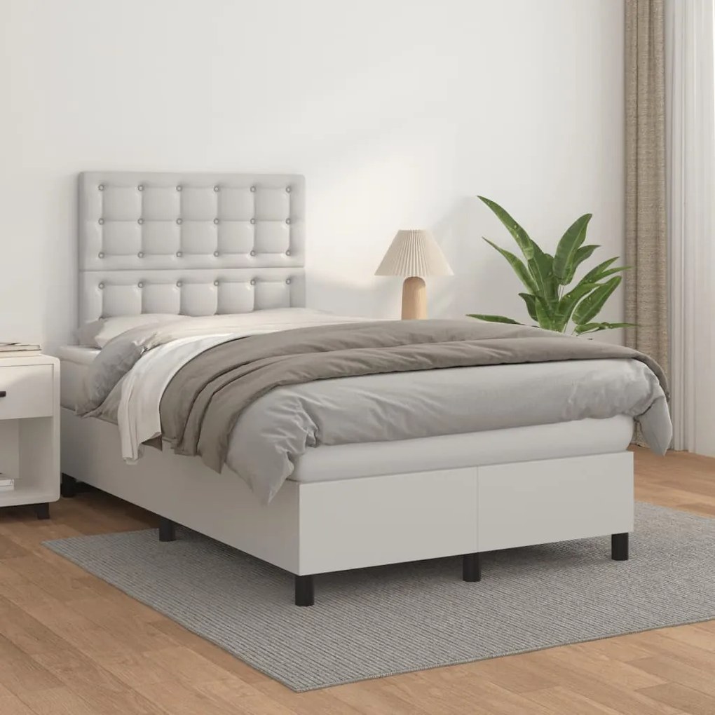 3142834 vidaXL Pat box spring cu saltea, alb, 120x200 cm, piele ecologică