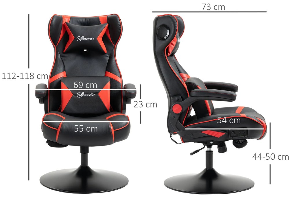 Scaun de gaming Vinsetto, scaun de gaming, difuzoare integrate, spătar inclinabil, negru+roșu, 69 x 73 x 118cm | Aosom Romania