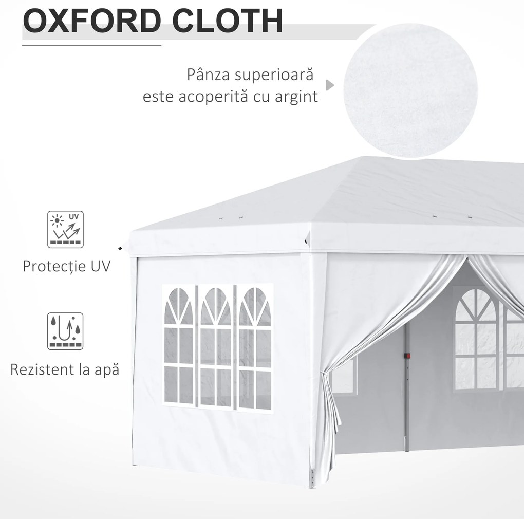 Outsunny Cort 6x3 m pliabil din otel si material Oxford, cort pentru gradina cu 6 pereti laterali, franghii si carlige, alb