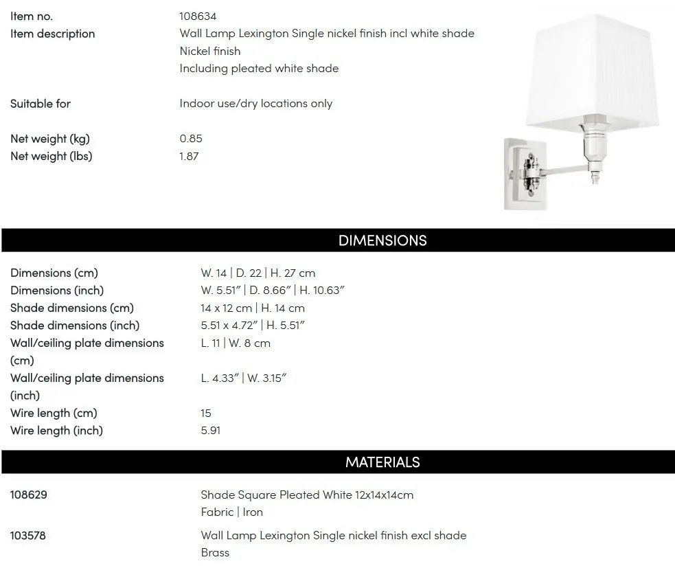 Aplica de perete moderna LUX, finisaj nickel cu abajur alb, Lexington Single 108634 HZ