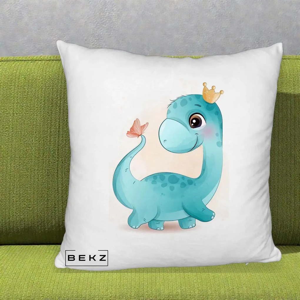 Perna Personalizata Dinozaur Bland Coroana Kawaii, 40x40 cm, Alb Pufos, Husa Detasabila, Perna Inclusa, BEKZ®