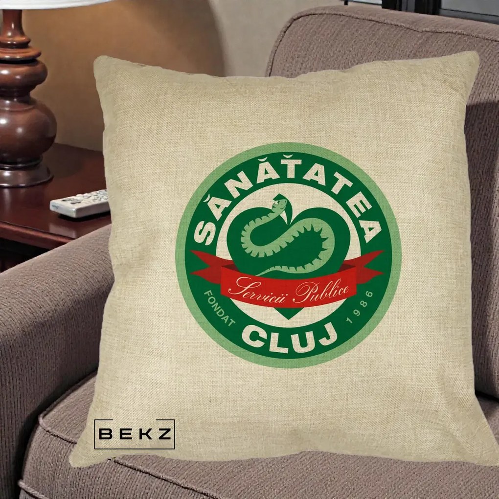 Perna Personalizata Sanatatea Cluj Servicii Publice 1986, 40x40 cm, Crem, Husa Detasabila, Perna Inclusa, BEKZ®