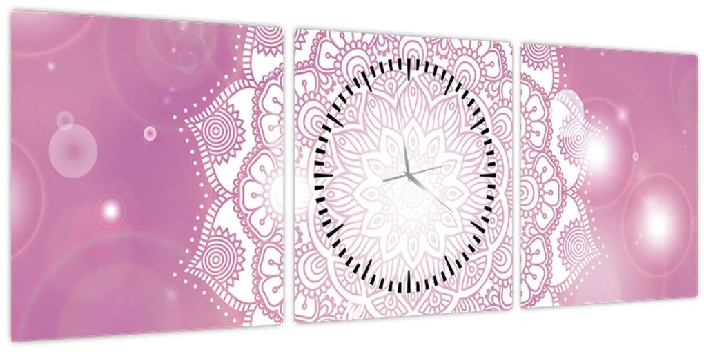 Tablou - Mandala pe fundal roz (cu ceas) (90x30 cm)