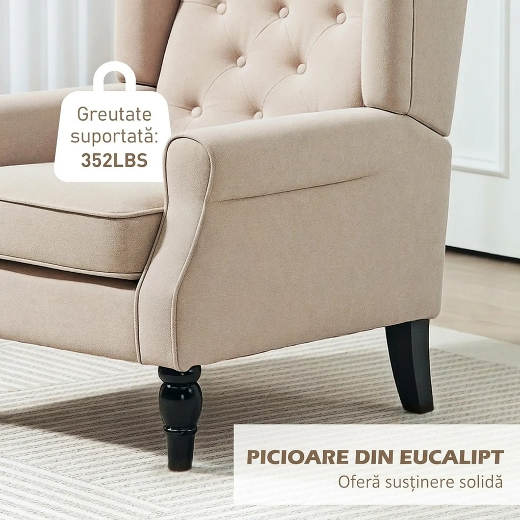 HOMCOM Scaun Decorativ Capitonat cu Spatar Inalt, Cotiere Rotunjite Captusite și Sezut cu Captuseala Groasa, Albastru | Aosom Romania