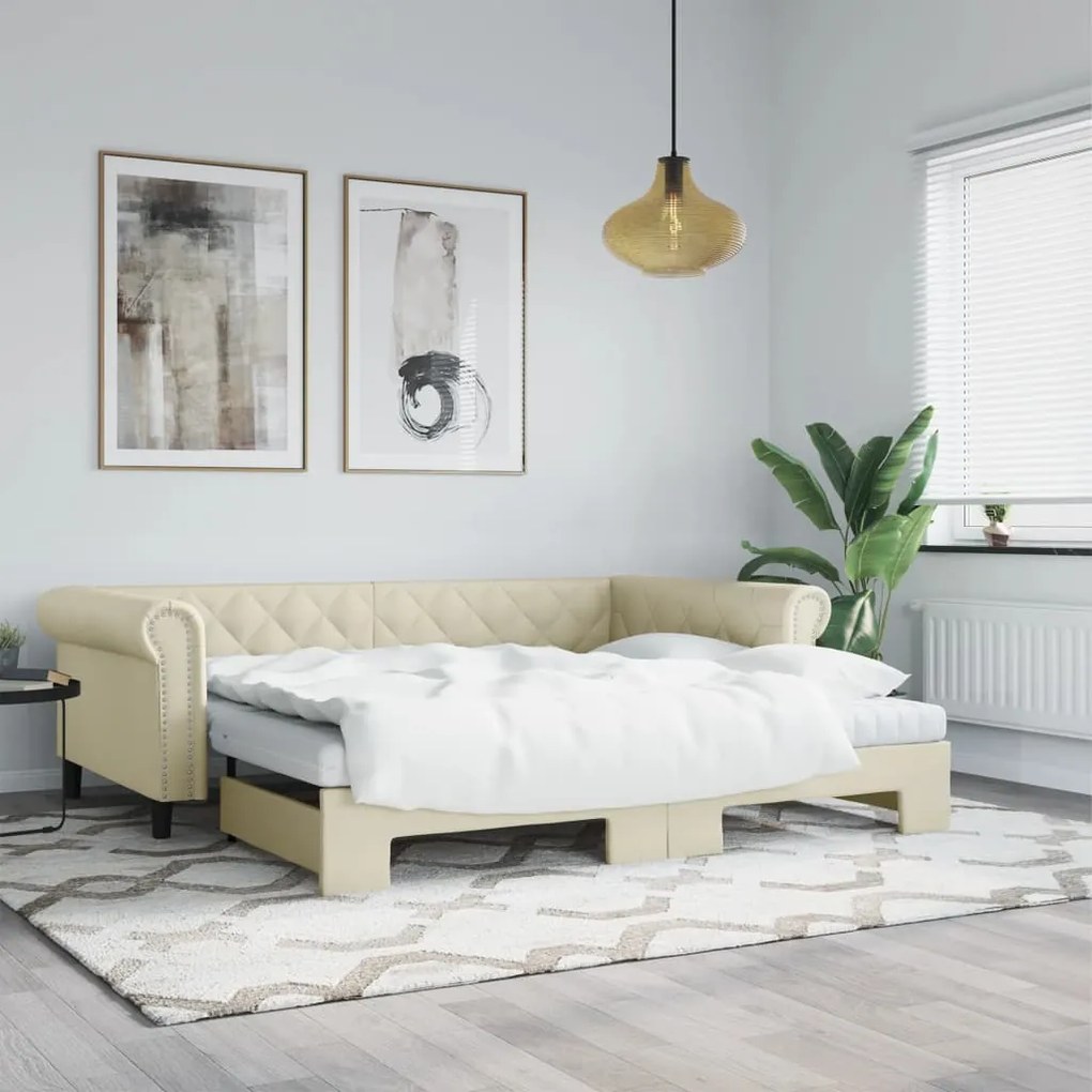 vidaXL Pat de zi cu extensie și saltele crem 90x200 cm piele ecologică