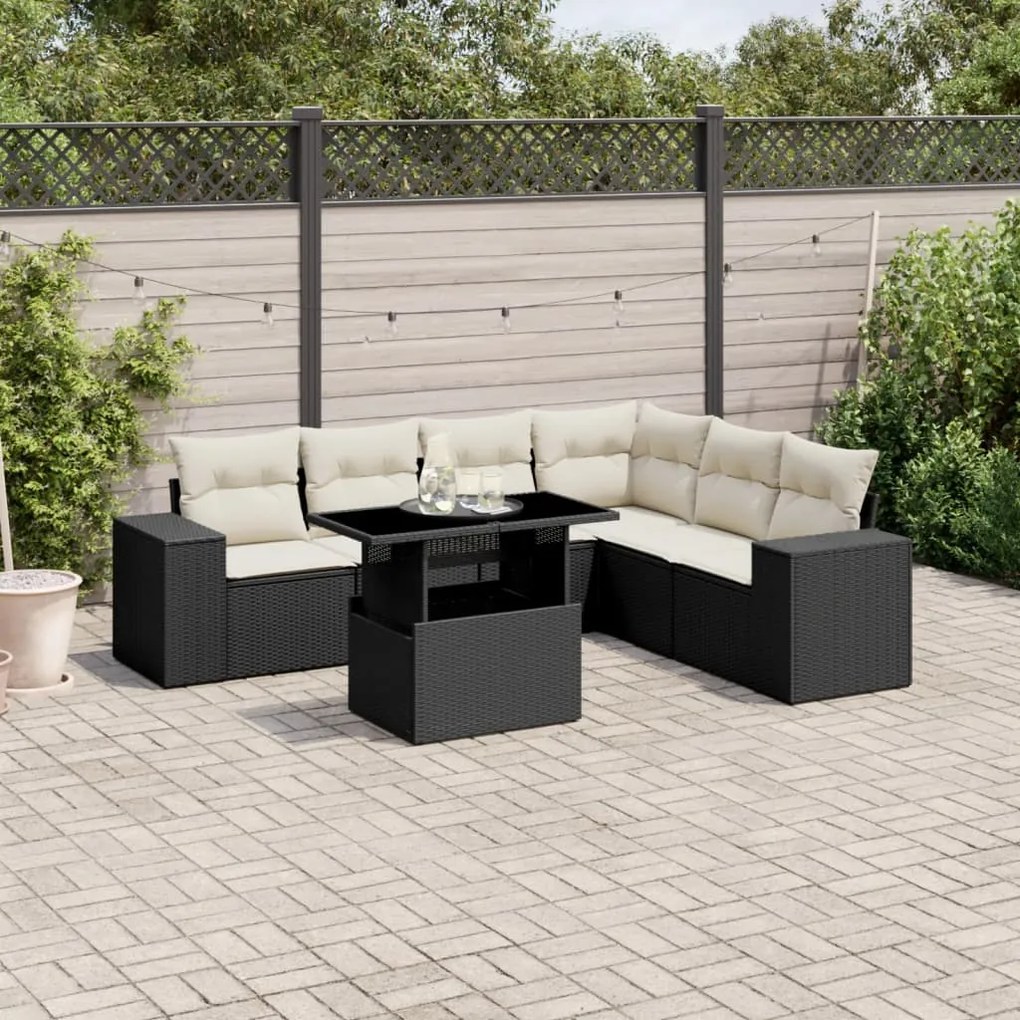 vidaXL Set canapele de grădină cu perne, 7 piese, negru, poliratan