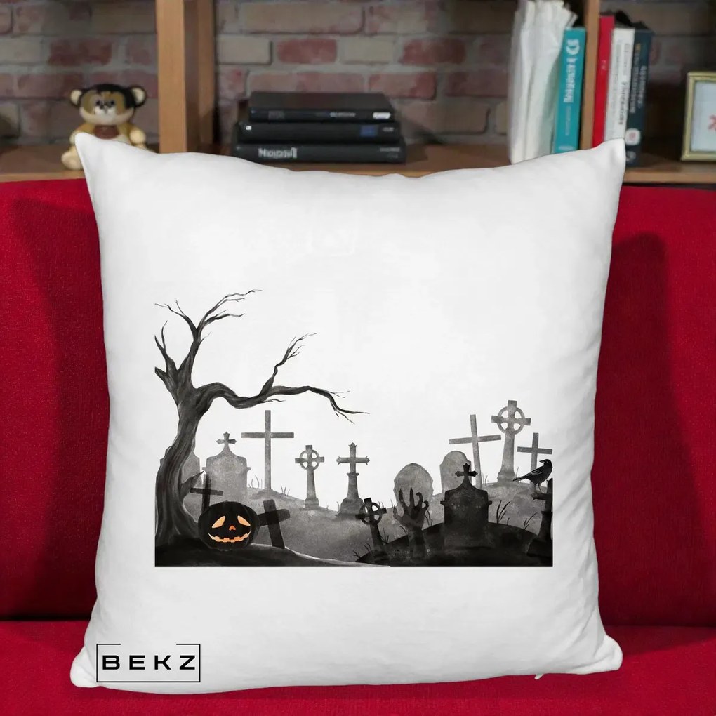 Perna Decorativa Halloween Cimitir Acuarela cu Dovleac, 40x40 cm, Alb Pufos, Husa Detasabila, Perna Inclusa, BEKZ®