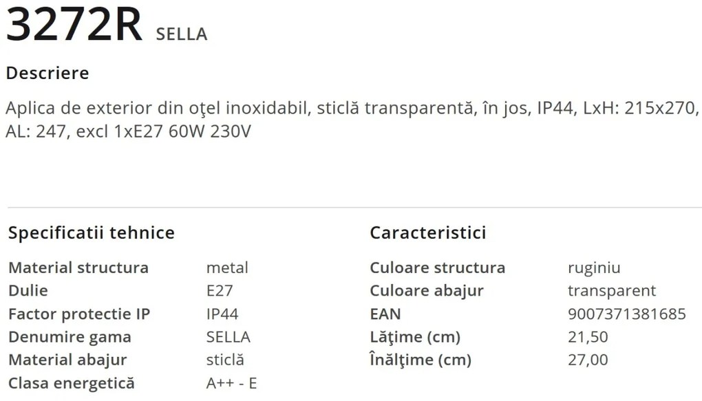 Aplica de exterior clasica cu IP44 SELLA ruginie 3272R GL
