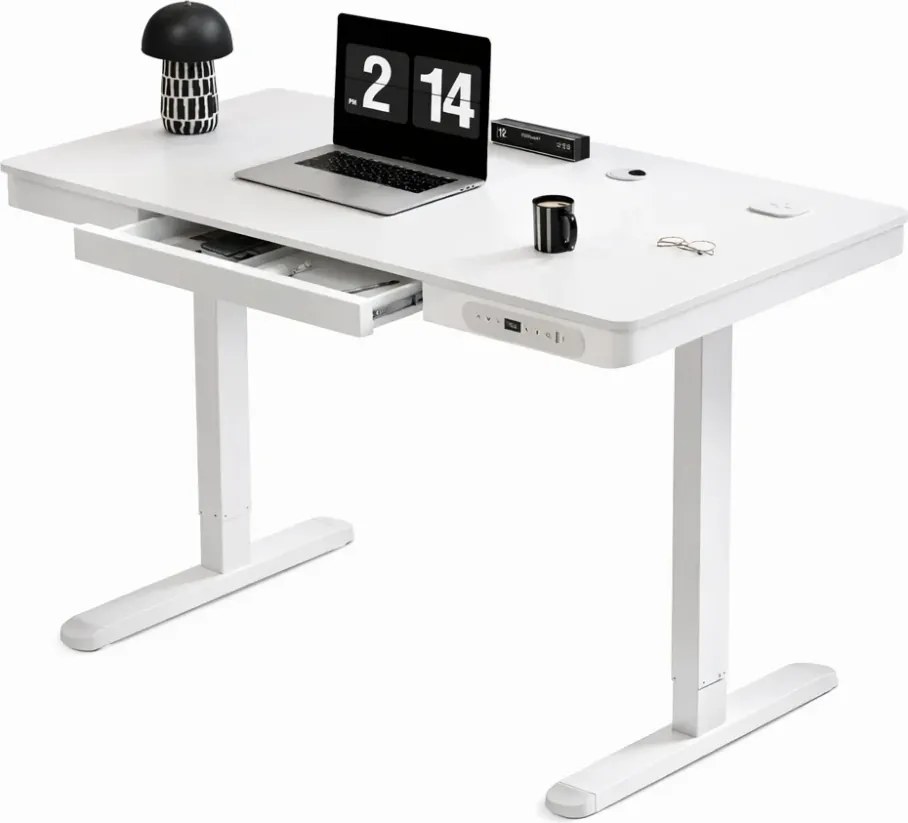 RESIGILAT- Birou Electric Reglabil pe Înălțime cu Sertar Ascuns, Încărcare Wireless & USB, Senzor de siguranță, 160x60, Alb