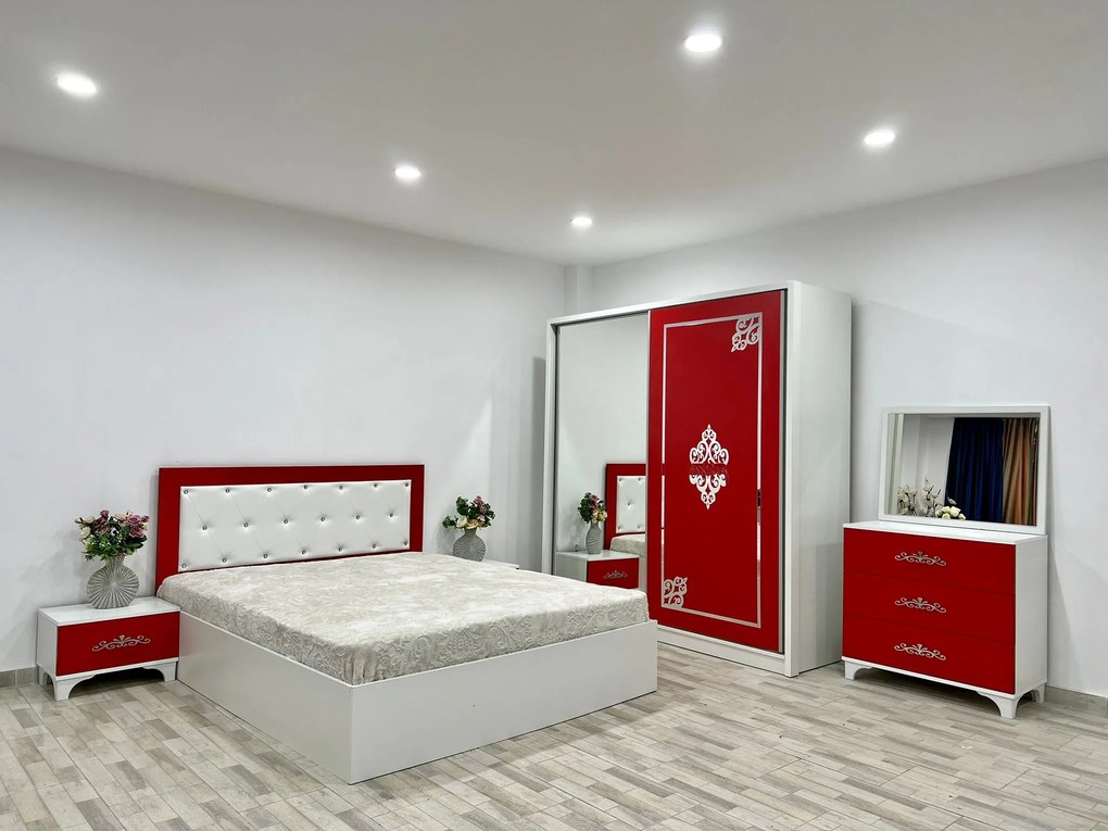 Dormitor Milano, culoare alb / rosu, cu pat tapitat 160 x 200 cm, dulap cu 2 usi, comoda cu oglinda, 2 noptiere
