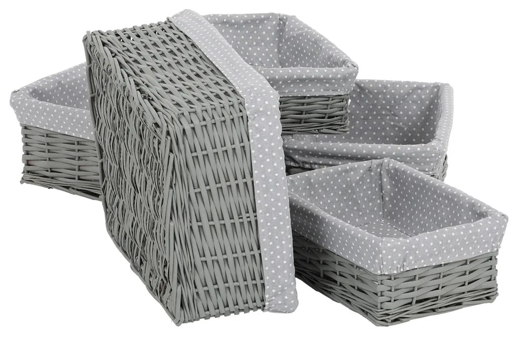 Set coșuri de răchită cu țesătură buline gri, 5 buc., 5 dimensiuni, 48 x 18 x 37 cm