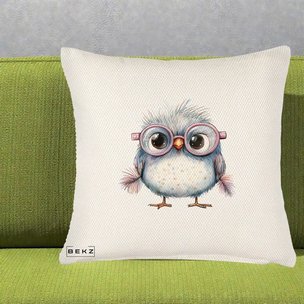 Perna Decorativa Pui Pufos cu Ochelari Roz, 40x40 cm, Crem Reliefat, Husa Detasabila, Perna Inclusa, BEKZ®