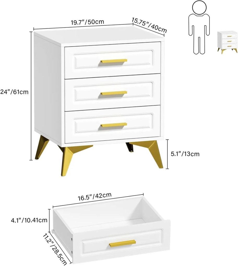 NOA69 - Set 2x Noptiere 50 cm, cu 3 sertare, dormitor - Alb - Auriu