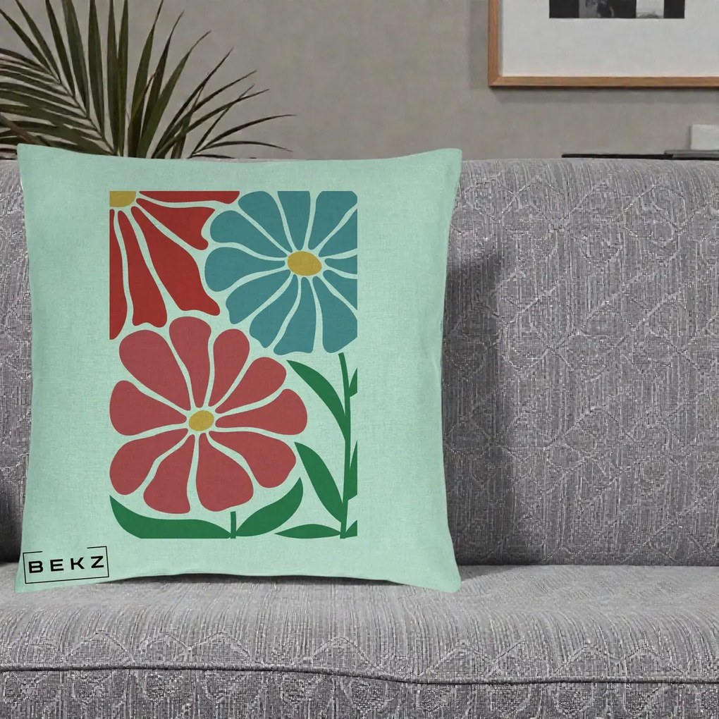 Perna Decorativa Flori Grafice Rosu-Albastru, 40x40 cm, Verde Menta, Husa Detasabila, Perna Inclusa, BEKZ®