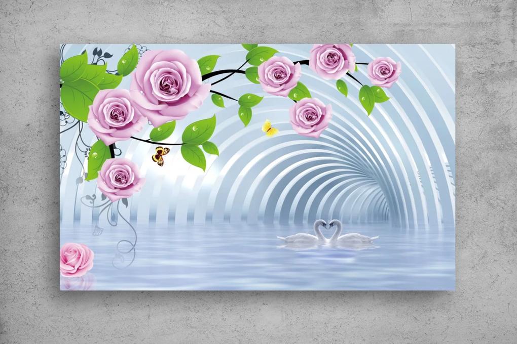 Tapet Premium Canvas - Lebedele si florile in tunel 3d abstract