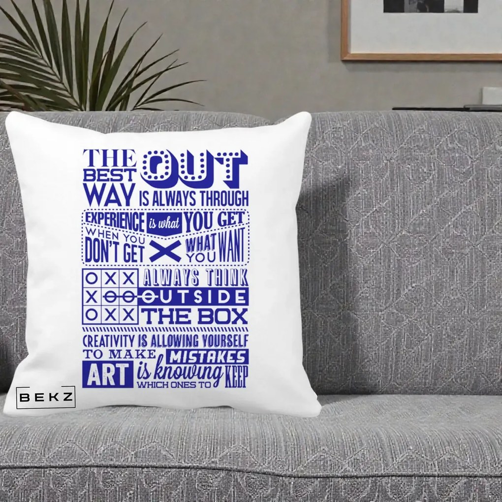 Perna Decorativa Citate Creativitate Albastru, 40x40 cm, Alba Mata, Husa Detasabila, Perna Inclusa, BEKZ®