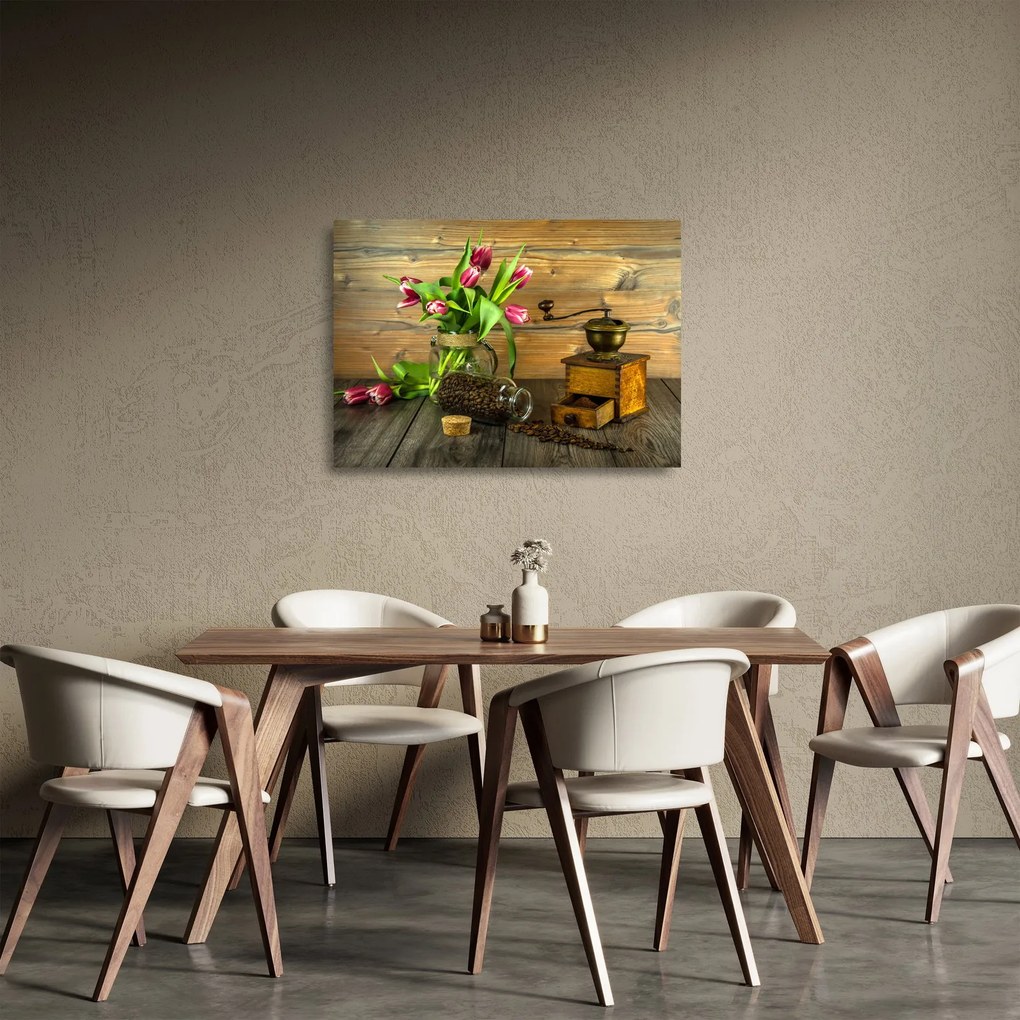 Tablou pe sticlă - lalele, râșniță și cafea (70x50 cm)