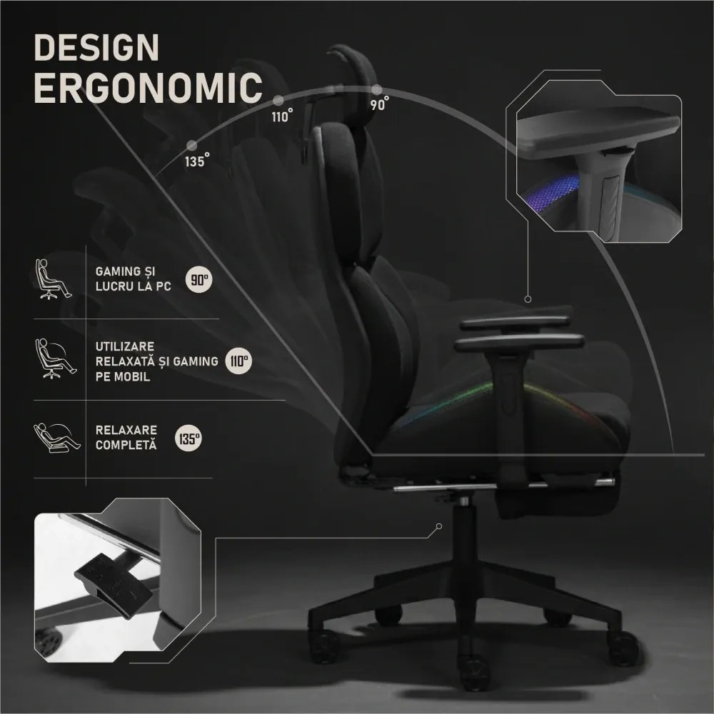 LUMINA X-Motion Pro – Scaun Gaming & Office Premium cu LED RGB și Suport pentru Picioare – Confort Inteligent și Design Spectaculos, Textil, Negru/Alb