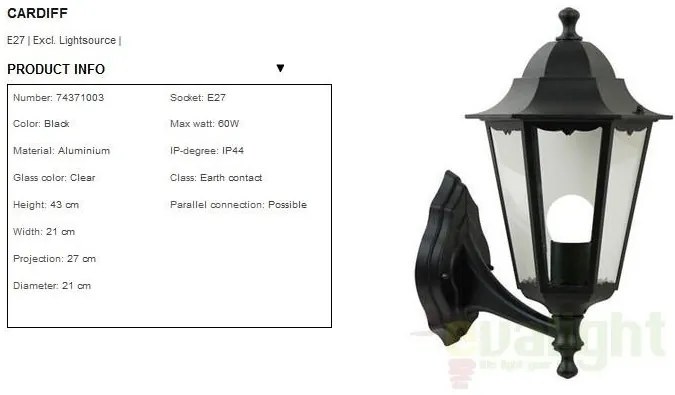 Aplica de perete exterior IP44 Cardiff Up 74371003NL