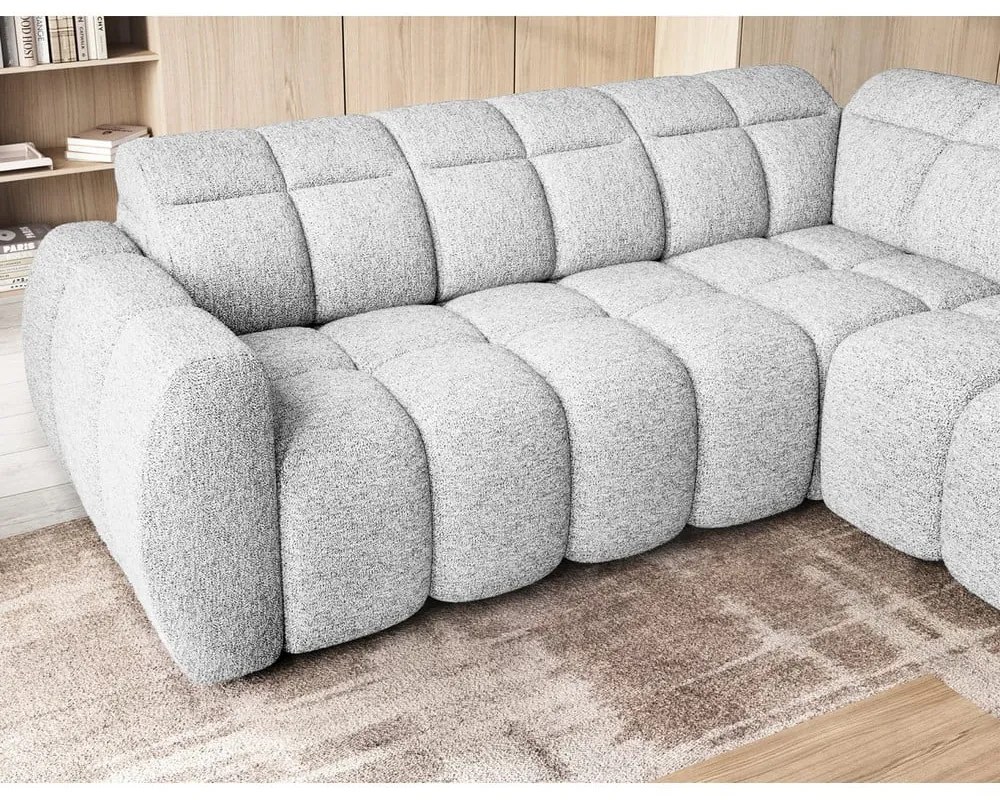 Colțar gri deschis extensibil/cu spațiu de depozitare cu tapițerie din țesătură bouclé (cu colț pe partea dreaptă/în formă de ”L”) Falconn – ELTAP