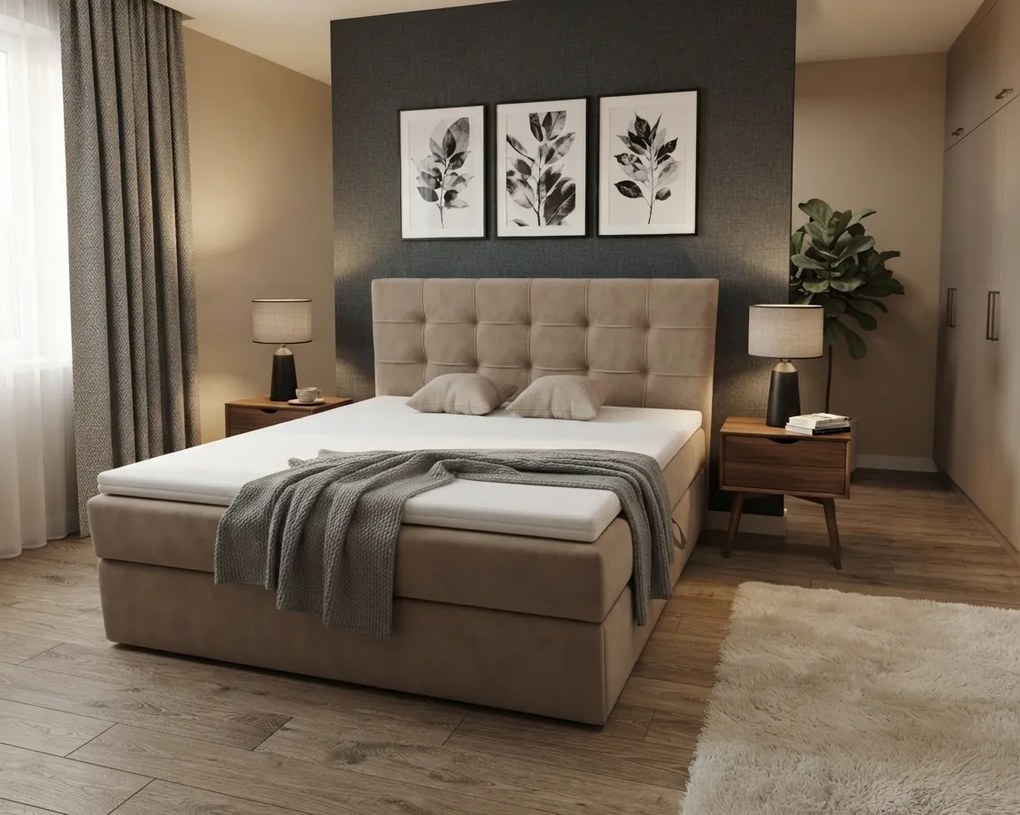 Pat boxspring tapitat DIRELIS TRINITY 140x200 cm bej Saltea: Saltea cu arcuri Bonell