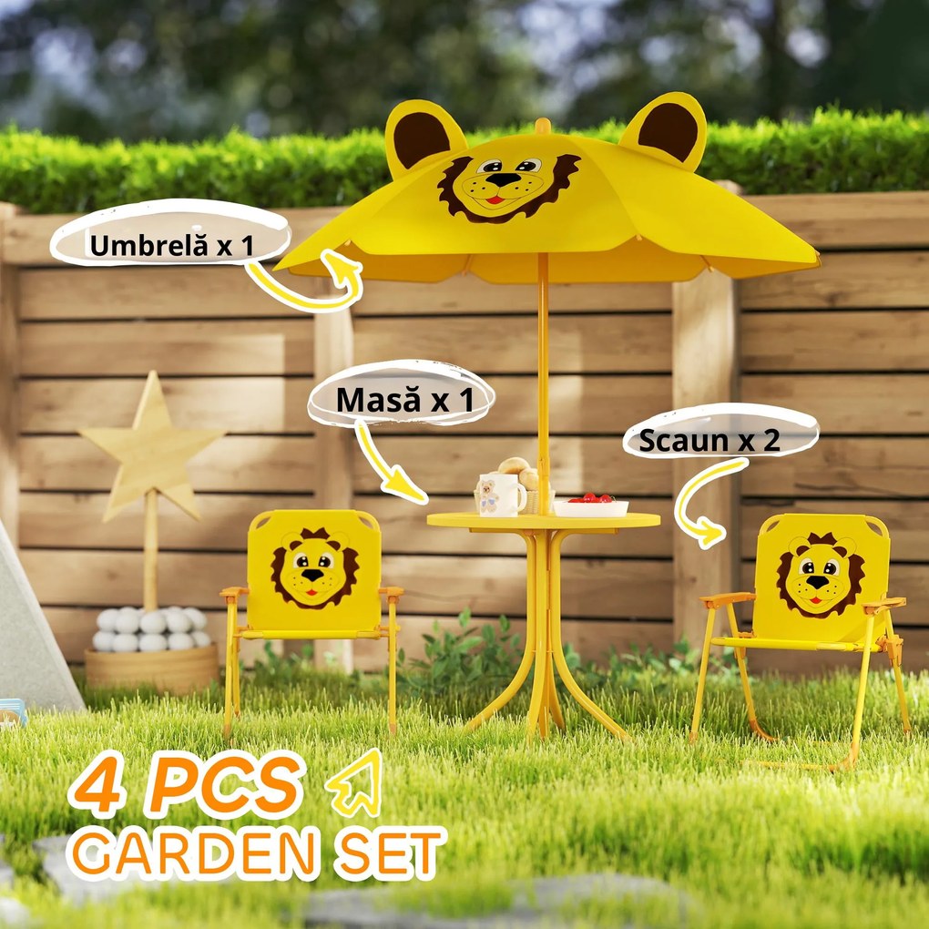AIYAPLAY Mobilier de grădină pentru copii cu umbrelă de soare reglabilă, Set de picnic pentru copii cu 4 piese, Masă cu 2 scaune pliante, masă, Set de terasă cu model de leu pentru vârstele 2-5 ani, Galben | Aosom Romania