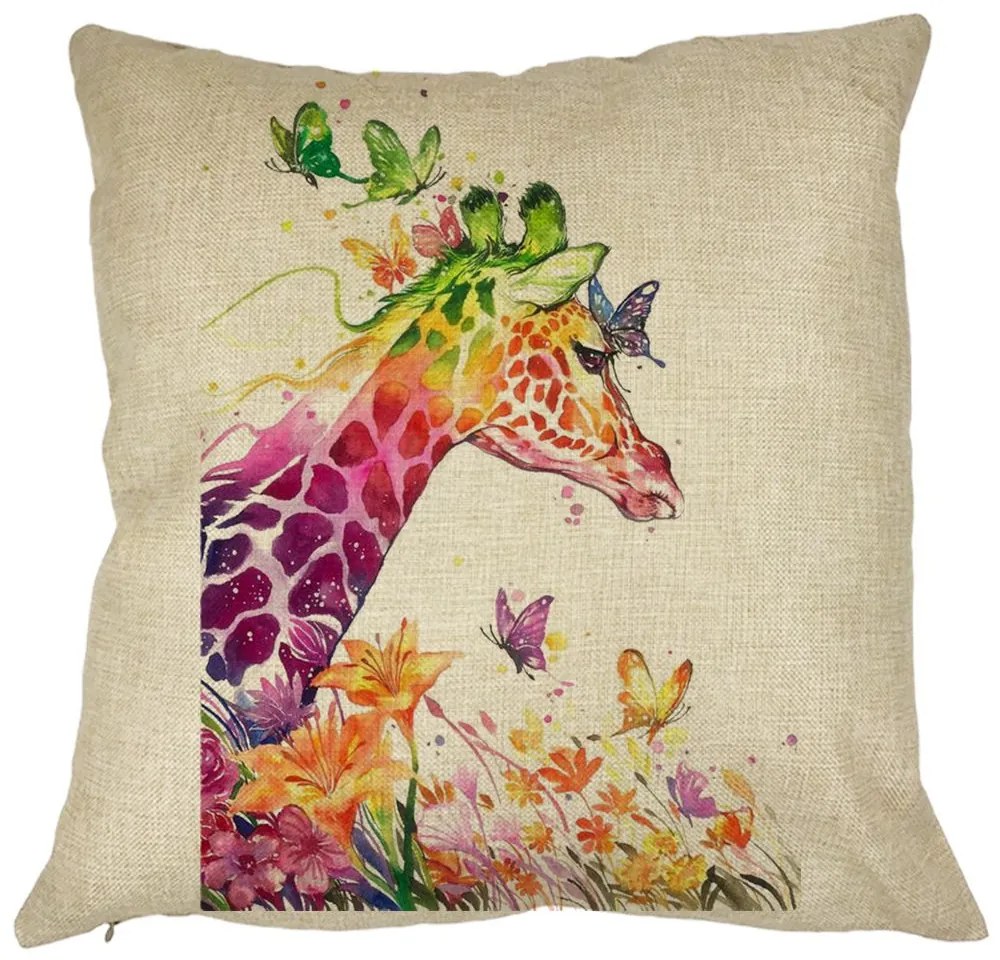 Perna Decorativa Patrata Girafa Multicolor, 40x40 cm, Husa Detasabila, Burduf