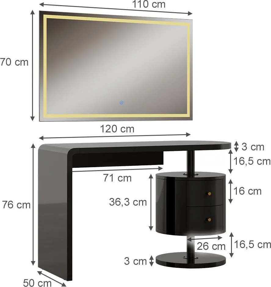 Masuta machiaj cu Oglinda LED si 2 Sertare pentru Cosmetice, Set Masa toaleta 120 cm, Negru, masuta cosmetica, vanity - SEN257