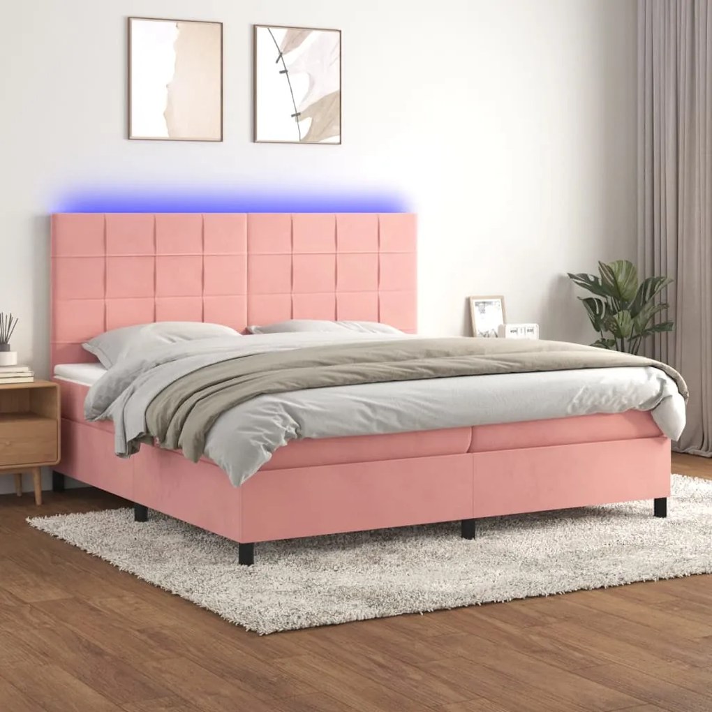 vidaXL Pat continental cu saltea &amp; LED, roz, 200x200 cm, catifea