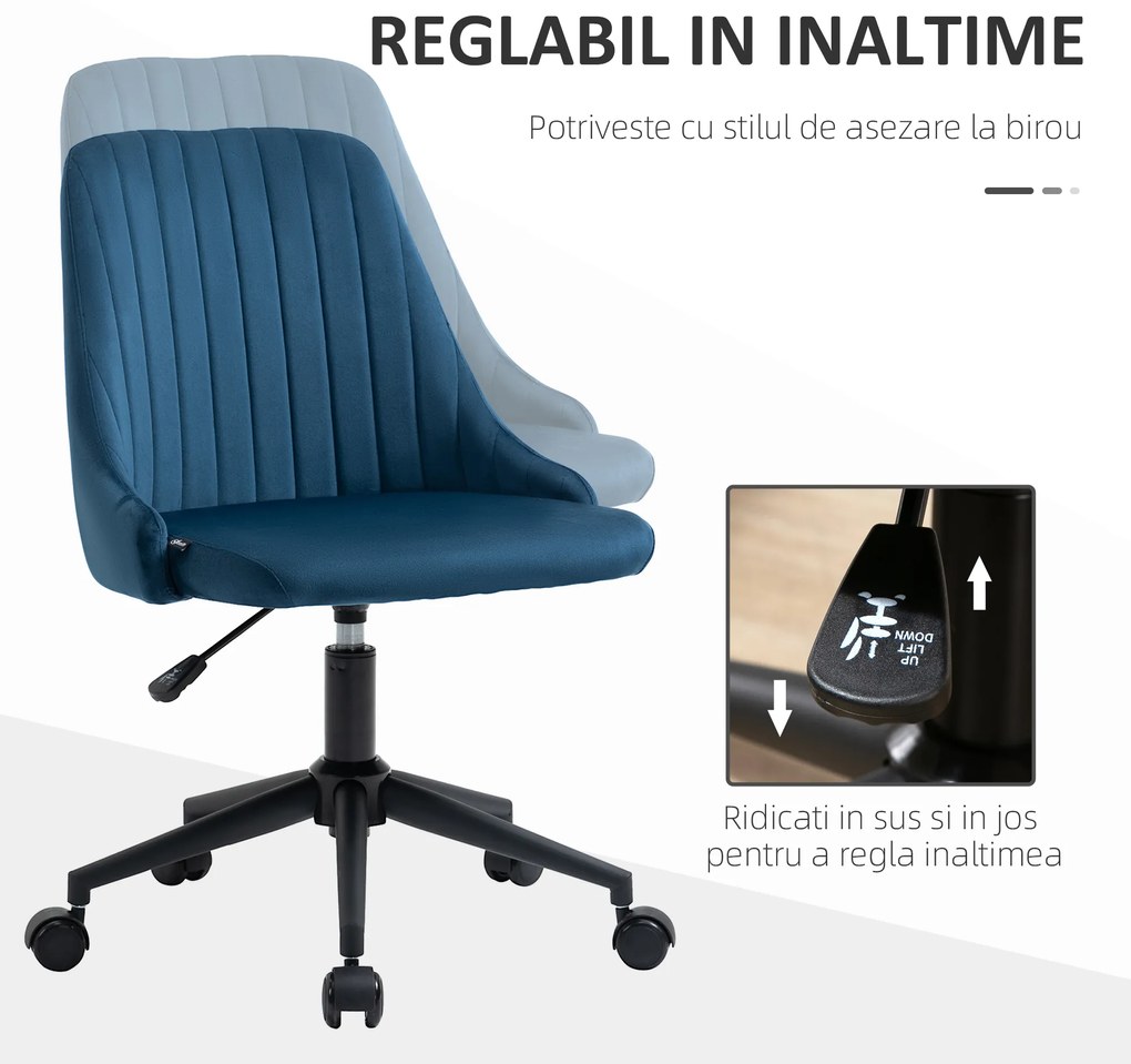 Vinsetto Scaun Birou Ergonomic, Pivotant 360°, Înălțime Ajustabilă, Catifea Albastră, 50x58x77-85cm | Aosom Romania