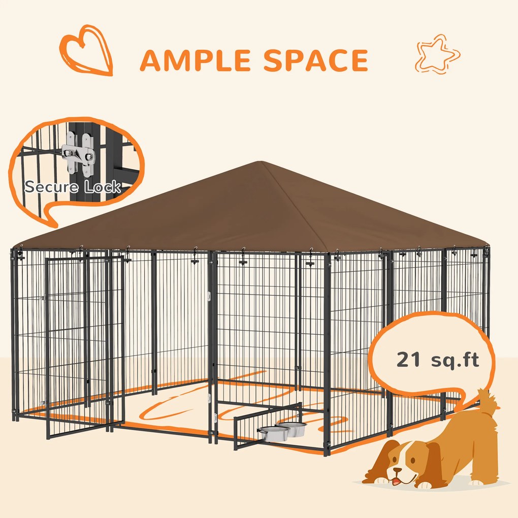 PawHut Tarc Câini din Metal cu Ușă pentru Bol, Padoc caine pentru Exterior cu Acoperiș din țesătură Oxford, 211x211x151 cm, Negru | Aosom Romania
